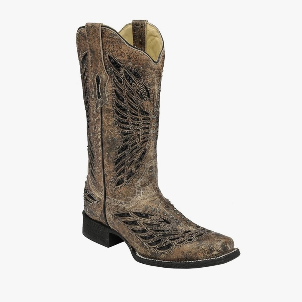 Corral Distressed Brown Leather Western Wing-Detail Cowboy Boots